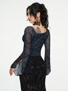 ROMWE Goth Áo thun tay loe lưới cổ vuông họa tiết bướm cổ điển dành cho nữ - Màu xanh hải quân - Xem 6