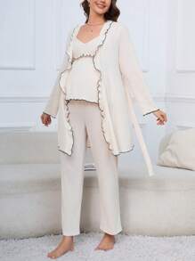 Moonlight&Mama Maternity 3pcs/Set Color-Blocked Edging Homewear For Mother - Beige - View 4