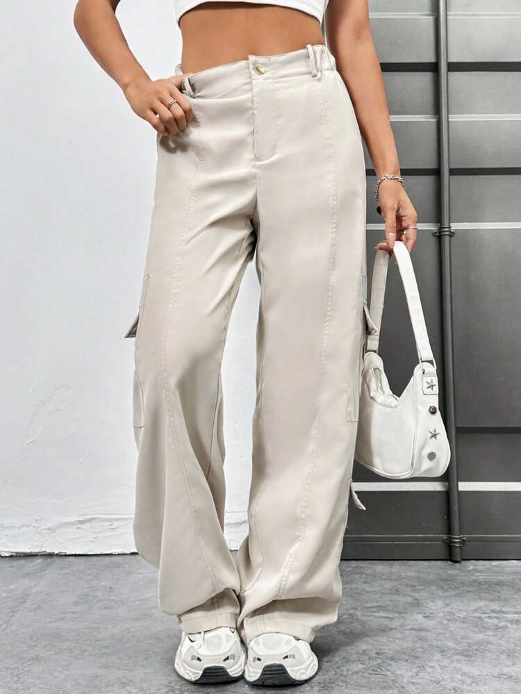 Solid Color Low Waist Flip Pocket Straight Leg Pants