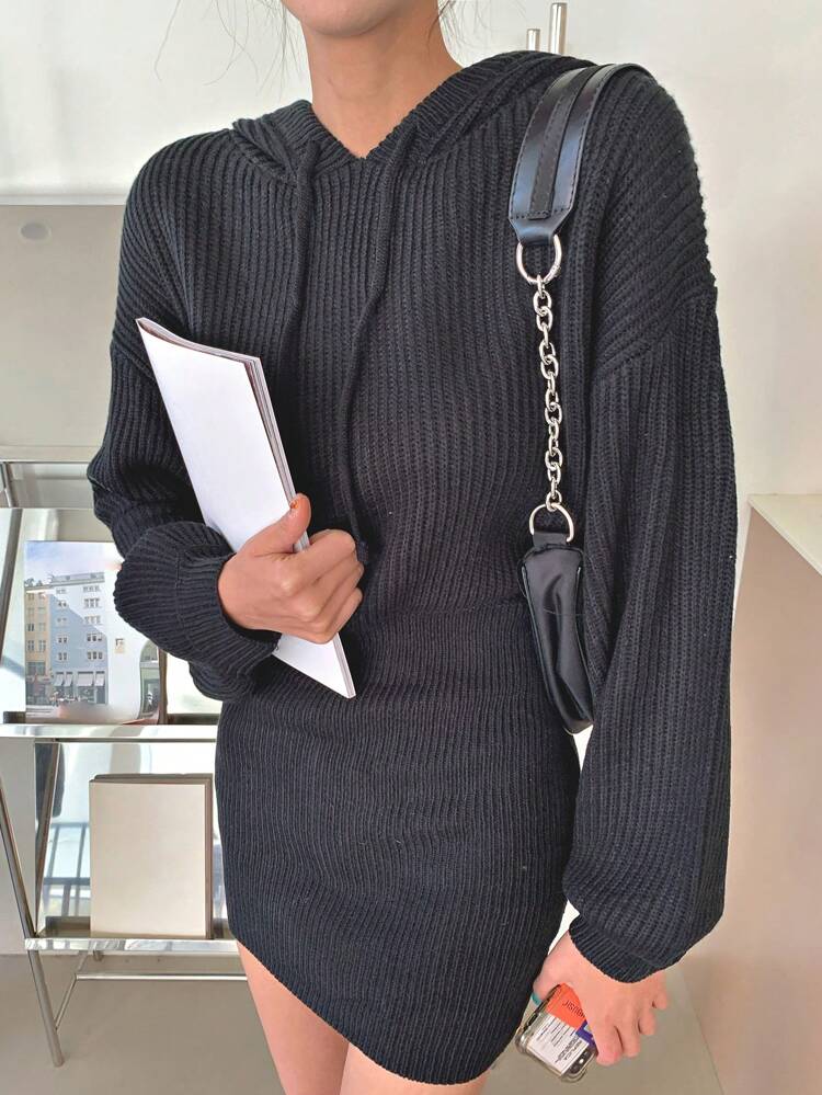 Women's Drawstring Hooded Long Sleeve Sweater Dress