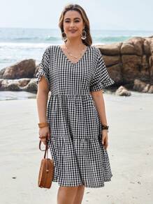 EMERY ROSE 夏季加大尺碼女裝格紋v領荷葉邊媽寶裝連衣裙 - 黑與白 - 查看 3