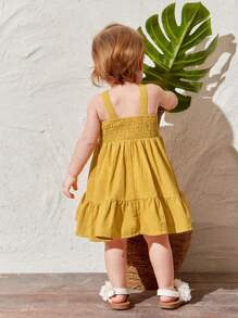SHEIN Baby Girl's Casual Vacation Colorful Crochet Patchwork Ruffle Hem Spaghetti Strap Dress - Yellow - View 2