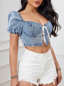 Top Jeans Recortado Com Alças Cruzadas E Decote Em Coração - Lavagem clara - Visão 4