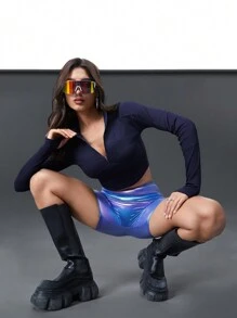 Innovista 彈性肋紋半拉鍊夏季短身運動衫，日常運動和休閒，運動上衣 - 藏蓝色 - 查看 3