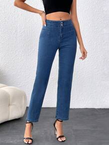 SHEIN Frenchy Verano, Pantalones De Mezclilla Azul Cómodos, Ajustados Y Sofisticados Que Estiran De Buena Calidad, Adecuados Para Ocasiones Elegantes O Casuales. - Azul - Ver 3