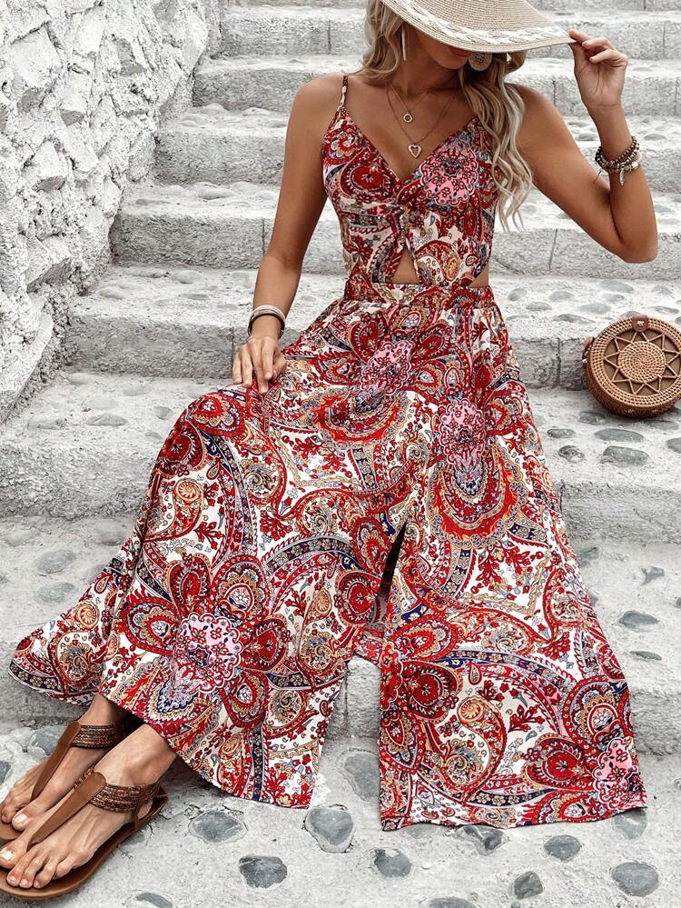 Women's Twist Knot Cutout Front Waistcoat Cami Dress With Paisley Print