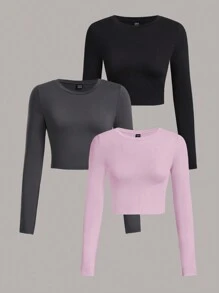 SHEIN EZwear 3入組休閒圓領修身女款長袖T卹，後短前長剪裁，適合夏季穿著