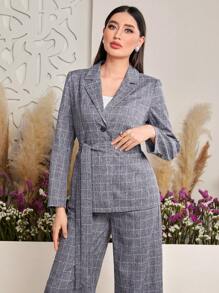 Seusyu Women's Plaid Notched Lapel Long Sleeve Blazer - Blue - View 1