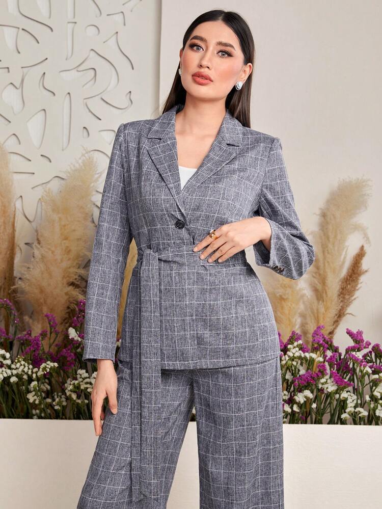 Women's Plaid Notched Lapel Long Sleeve Blazer