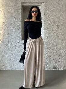 DAZY 露肩修身褶饰长袖T恤，秋季女装 - 黑色 - 查看 6