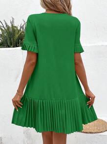 SHEIN LUNE Màu thuần Đầm Với Viền xếp Và Nút Chi tiết - màu xanh lá - Xem 2