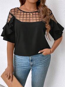 SHEIN Clasi 大码网眼撞色荷叶边衬衫 - 黑色 - 查看 4