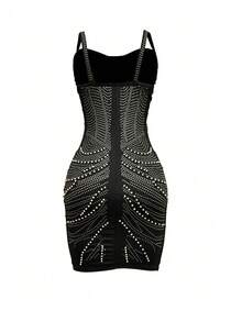 Women's Bubble Bead Spaghetti Strap Bodycon Dress With Built-In Cup - Black - View 5
