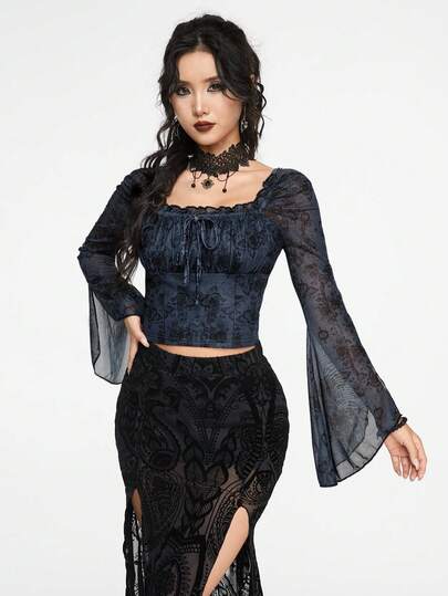 Goth Vintage Schmetterling Muster Quadratischer Ausschnitt Damen Mesh Weite Ärmel Top