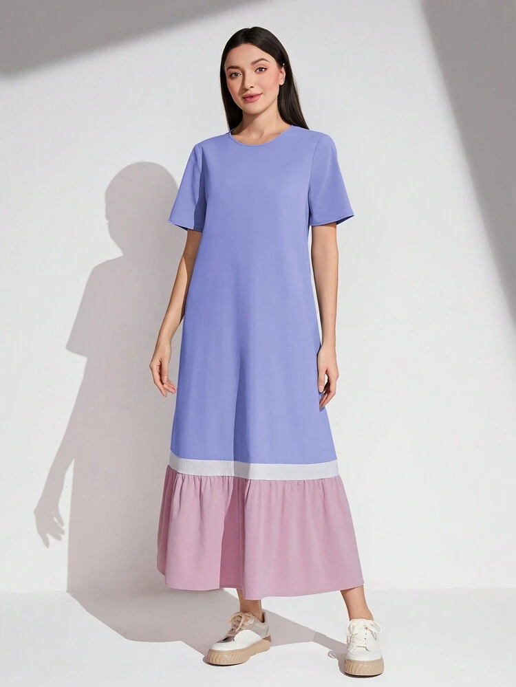 Women's Colorblock Short-Sleeve Dress With Lotus Leaf Hem
