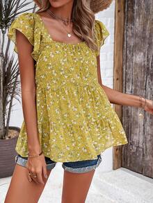 Elegant Floral Print Ruffle Hem Square Neckline Blouse - Yellow - View 3