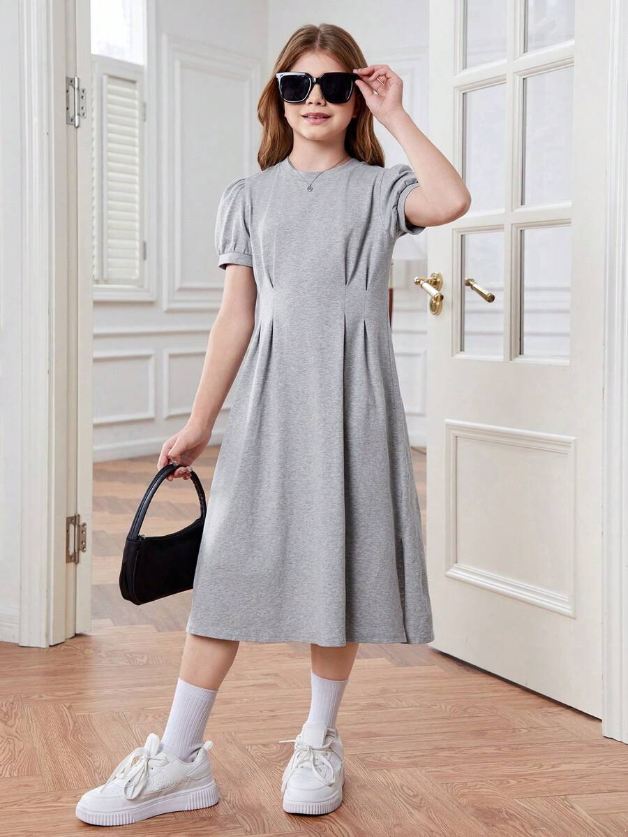 SHEIN Tween Girls' Round Neck Short Sleeve Waist Pleated Casual Fashion Dress - Grey - View 1