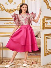 SHEIN Tween Girls' Layered Ruffle Sleeve Jacquard Shirt And Asymmetrical Double-Layered Hem Skirt Set - Hot Pink - View 8