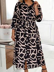 SHEIN LUNE 加大码全印花系腰带衬衫裙长款女装 - 彩色 - 查看 5