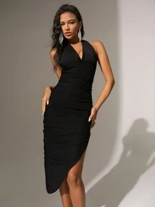 Zolique Solid Color Halter Strap Bodycon Dress With High Slit - Black - View 5
