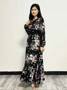 Women Casual Long Sleeve Floral Dress Elastic Waist Maxi Dresses