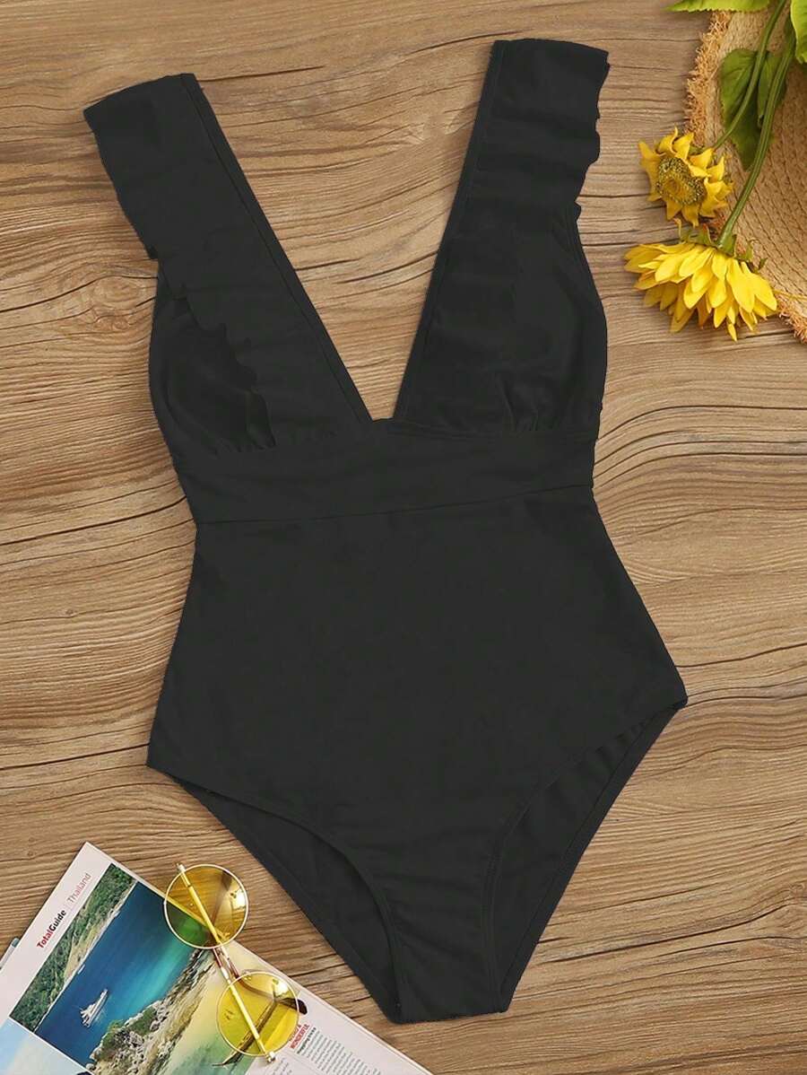 SHEIN Swim Traje De Baño De Una Pieza Con Volantes De Color Sólido Para Mujer - Negro - Ver 1