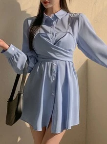 DAZY 女式长袖衬衫式短裙，秋季连衣裙 - 藍色 - 查看 5