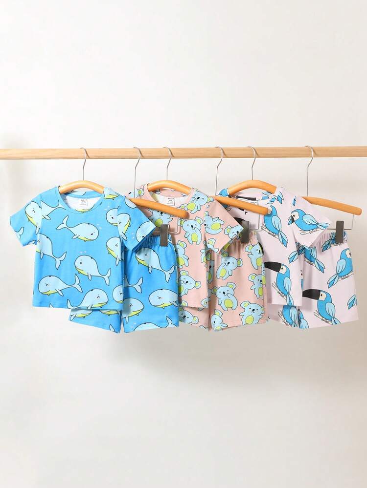 Baby Boy Cartoon Koala, Whale, Parrot Pattern Short Sleeve T-Shirt And Casual Shorts Set