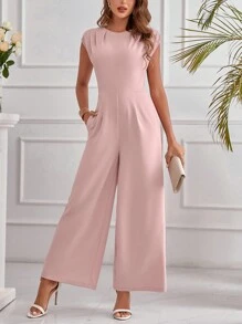 SHEIN Clasi Einfarbiger Rundhalsausschnitt Plissierten Weites Bein Jumpsuit Mit Schrägen Taschen