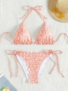 SHEIN Swim 女士碎花露背系带比基尼套装夏季海滩 - 粉色 - 查看 1