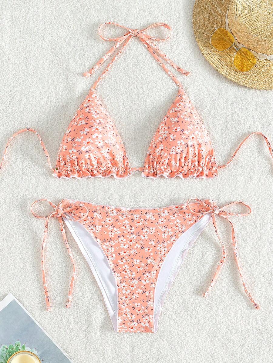 SHEIN Swim 女士碎花露背系带比基尼套装夏季海滩 - 粉色 - 查看 1