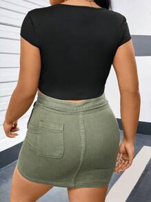 Flirla 大尺碼純色不對稱下擺半門襟t卹 - 黑色 - 查看 2