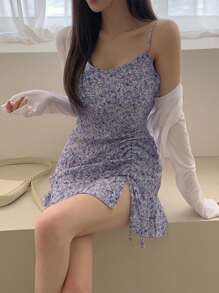 DAZY 花卉印花侧抽绳吊带连衣裙夏季太阳裙