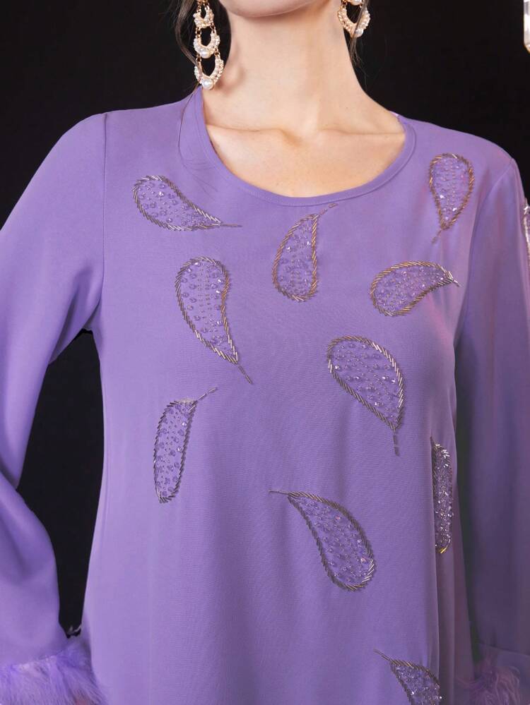 Loose Fit Round Neck Dress With Plush Cuffs And Beaded Detailing, Elegant Evening Party Dress