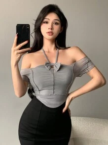 DAZY 2合1拼接網格掛脖短版T恤女款，露肩上衣，露肩外出上衣 - 灰色 - 查看 4