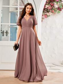 V-Neck Chiffon Bridesmaid Dress With Ruched Bodice - Dusty Pink - View 4