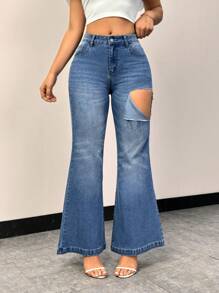 SHEIN Privé Washed Flared Jeans With Distressed Details