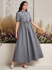 Seusyu 女士植物印花立領荷邊樣式短袖阿拉伯風格連衣裙 - 深灰色 - 查看 2