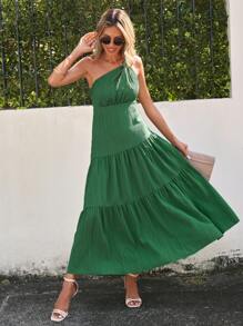 SHEIN Clasi Plain Color One Shoulder Ruffle Hem Dress Maxi Women Dresses Green Dress - Green - View 4