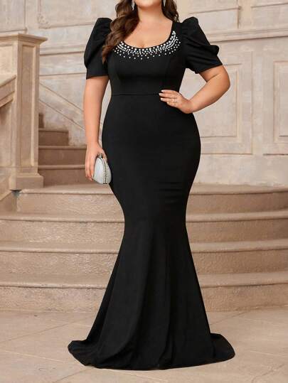 SHEIN Belle Plus Size Black Quiet Luxury Palace Pearl Beaded Detail Elegant Mermaid Hem Formal Dress Evening Party Dress Prom Wedding Guest Gown, For Graduation, Dinner