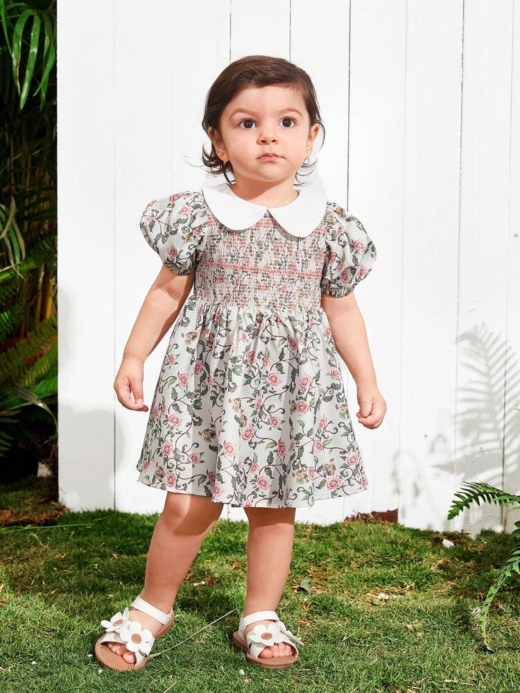Cute Baby Girl Summer Floral Print Peter Pan Collar Puff Short Sleeve Dress For Vacation