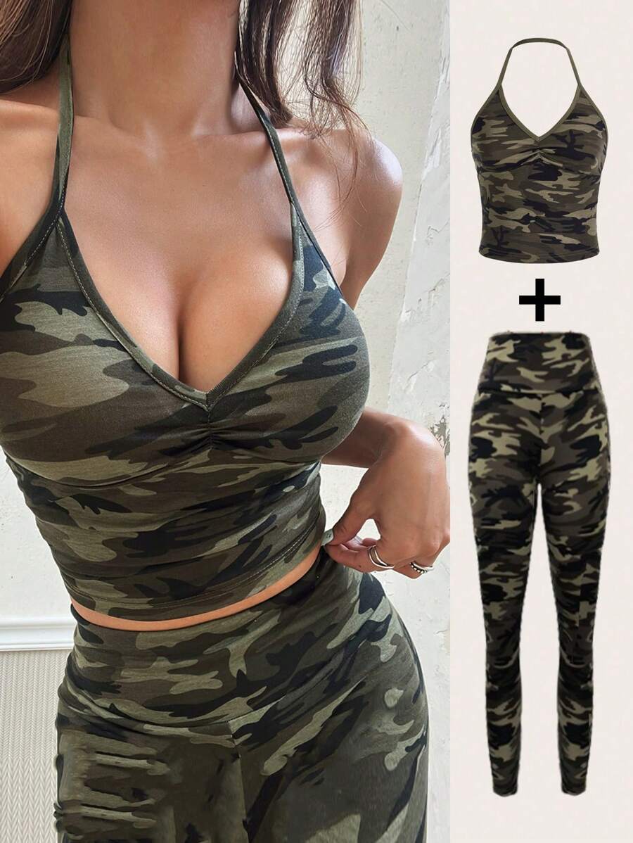 SHEIN EZwear Women's Camouflage Print Halter Top And Skinny Pants Set - Green - View 1