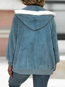 SHEIN LUNE Plus Contrast Fuzzy Trim Teddy Zip Up Hoodie Thermal - Blue - View 2