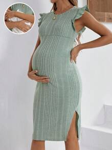 SHEIN Maternity Round Neck Cap Sleeve Ribbed Nursing Dress - Mint Green - View 1