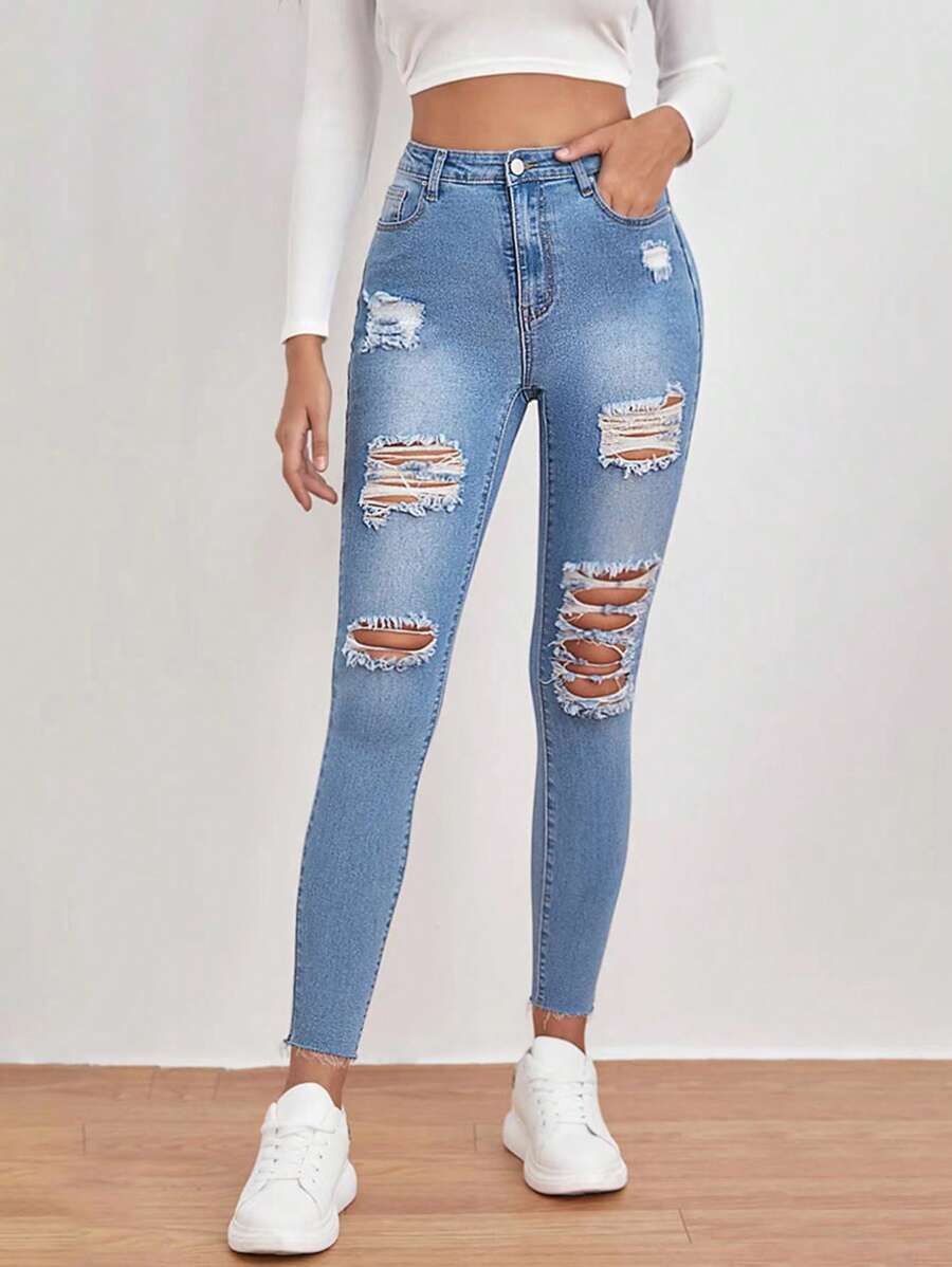SHEIN Essnce Jeans ajustados de talle alto roto bajo crudo - Lavado ligero - Ver 1