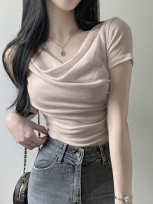 DAZY 纯色修身短袖围脖领 T 恤夏季 - 杏色 - 查看 6