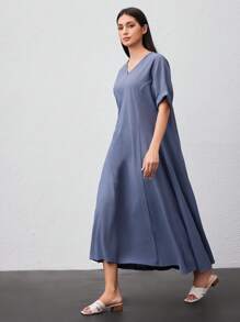 Seusyu Ladies' Solid Color Batwing Sleeve Dress - Dusty Blue - View 3