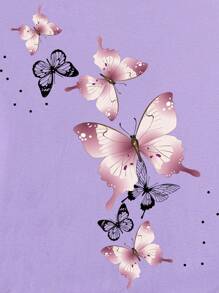 INAWLY Butterfly Print Round Neck T-Shirt Graphic Tees Women Tops - Purple - View 4