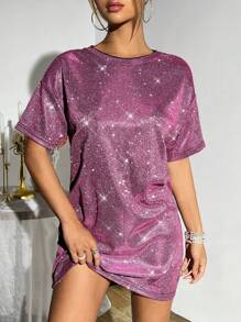 SHEIN ICON 外出超大女款閃光圓領連身裙 - 粉色 - 查看 3