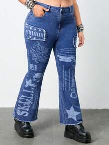 ROMWE Grunge Punk Jeans Acampanados Entallados De Estilo Punk De Talla Grande Para Mujer Con Parche De Calavera - Azul - Ver 4